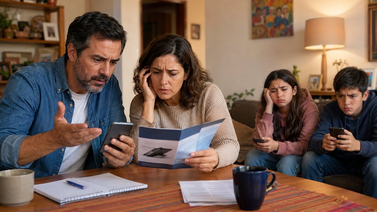 Familia revisando alternativas de Internet mientras sus hijos esperan recuperar la conexion