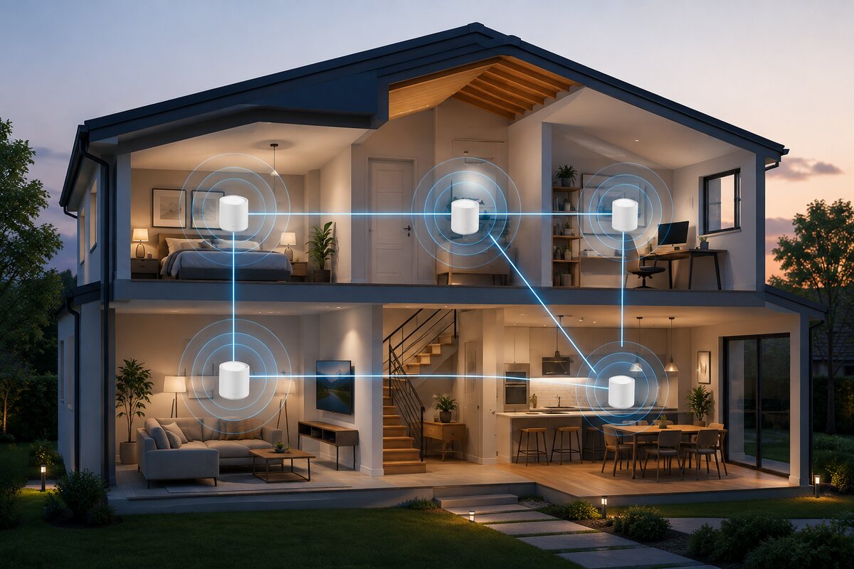 Casa de dos pisos con equipos WiFi Mesh distribuidos para ampliar la cobertura inalámbrica